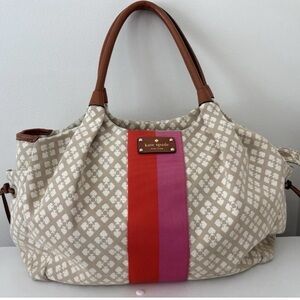 kate spade New York Beige Canvas Tote baby bag with Red and Pink Stripe